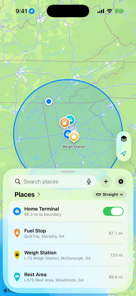 Milebound home screen, with a map, a radius circle, monitored places, and the Liquid Glass card